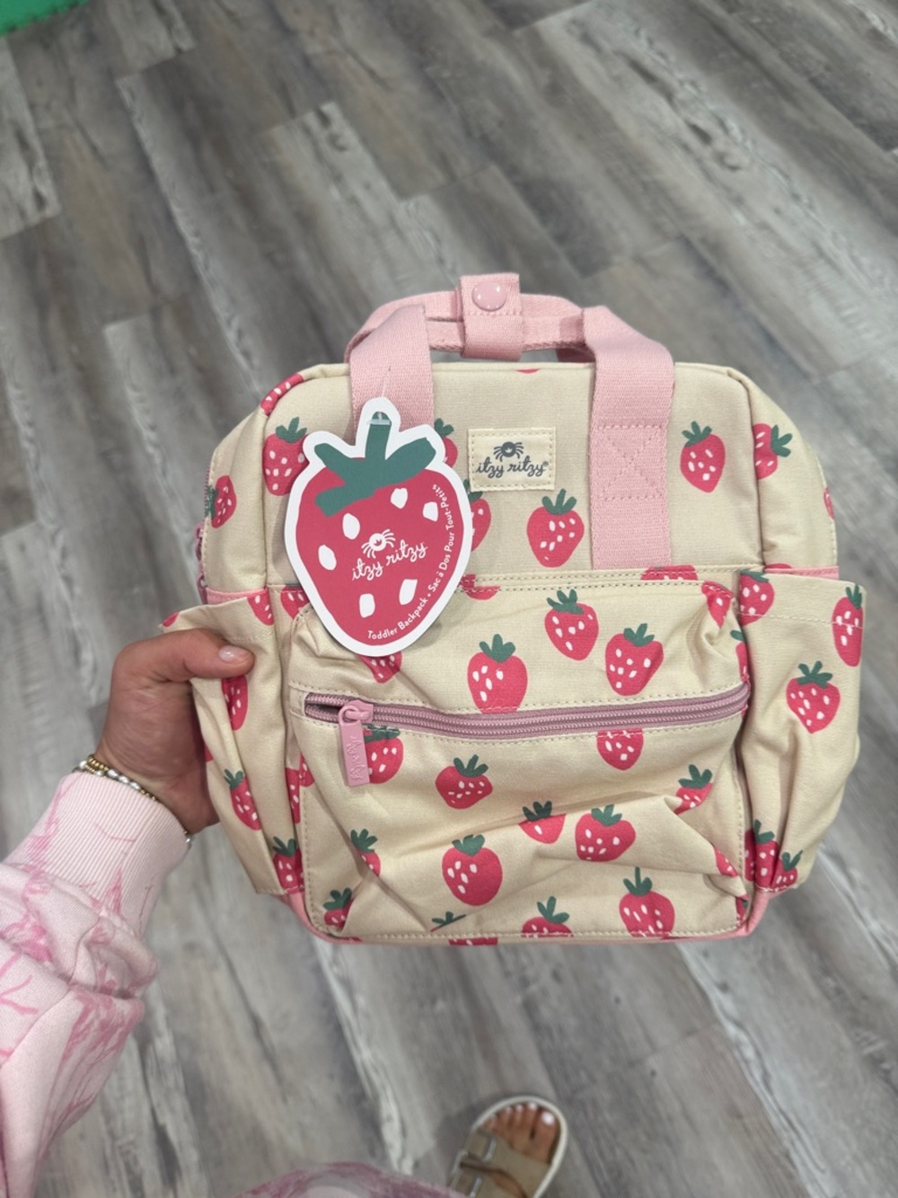 Itzy Ritzy Beige Strawberry Print Kids Backpack with Pink Accents